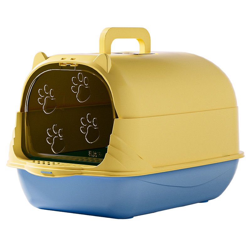 Portable enclosed cat litter box with carry handle, front entry and cleaning scoop