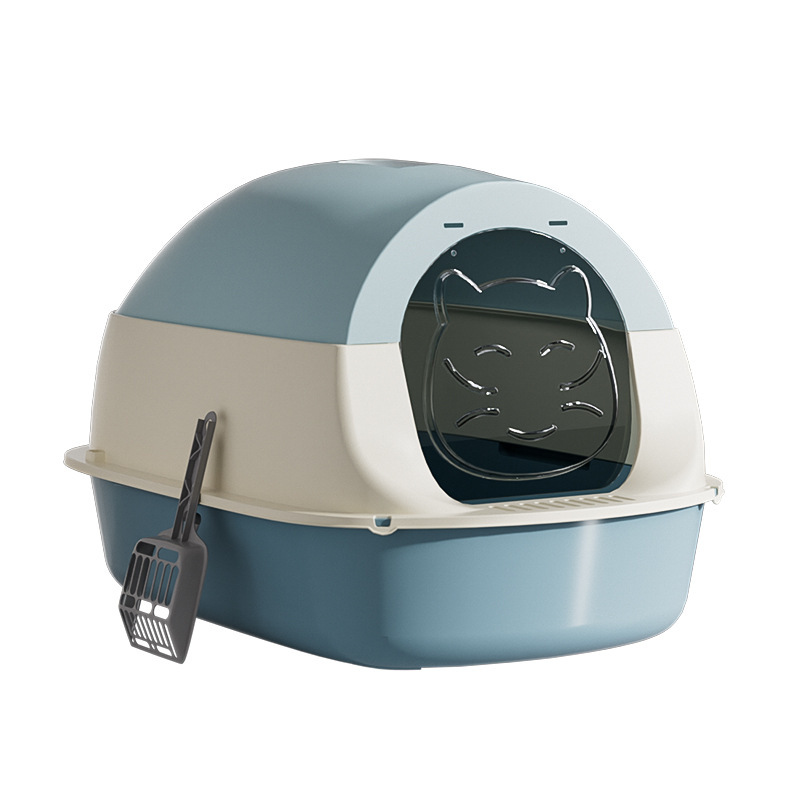 Enclosed cat litter box with decorative door, handle design and removable base