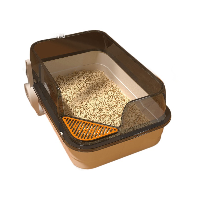 Cat litter box with litter tracking control grid, high sides and removable tray