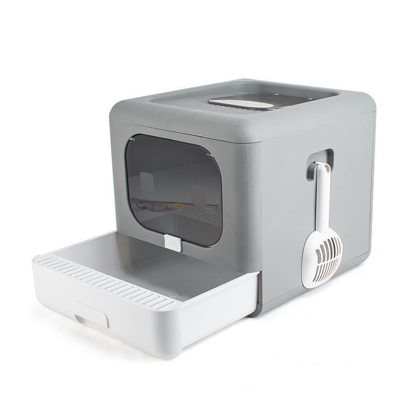 White Minimalist Covered Cat Litter Box with Round Front Door and Lower Cleaning Drawer