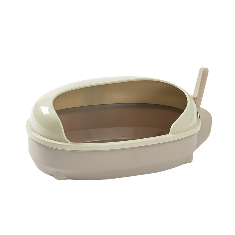 Brown Open Kitty Litter Box with Transparent Splash Shield and Side Scoop, Wide Cat Toilet Tray
