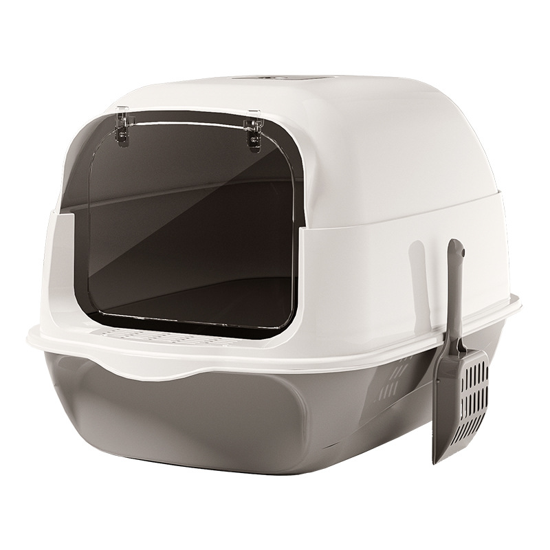 Transparent Dome Kitty Litter Box with Front Flap Door, Ventilation Holes and Side Scoop