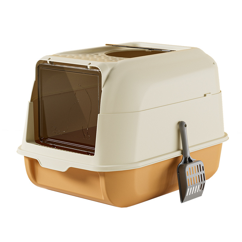 White and Green Covered Cat Litter Tray with Dual Front Doors, Enclosed Kitty Toilet for Home