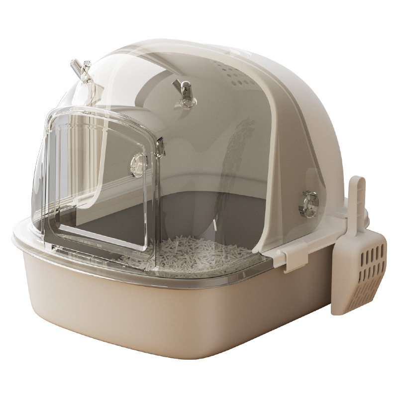 Pastel Green Enclosed Cat Litter Box with Front Entry, Rounded Covered Kitty Toilet Design