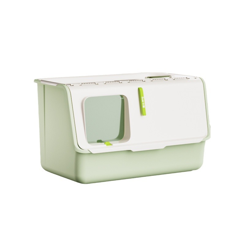 Transparent Green Open Cat Litter Tray with Raised Rim and Perforated Step Area, Kitty Toilet Pan
