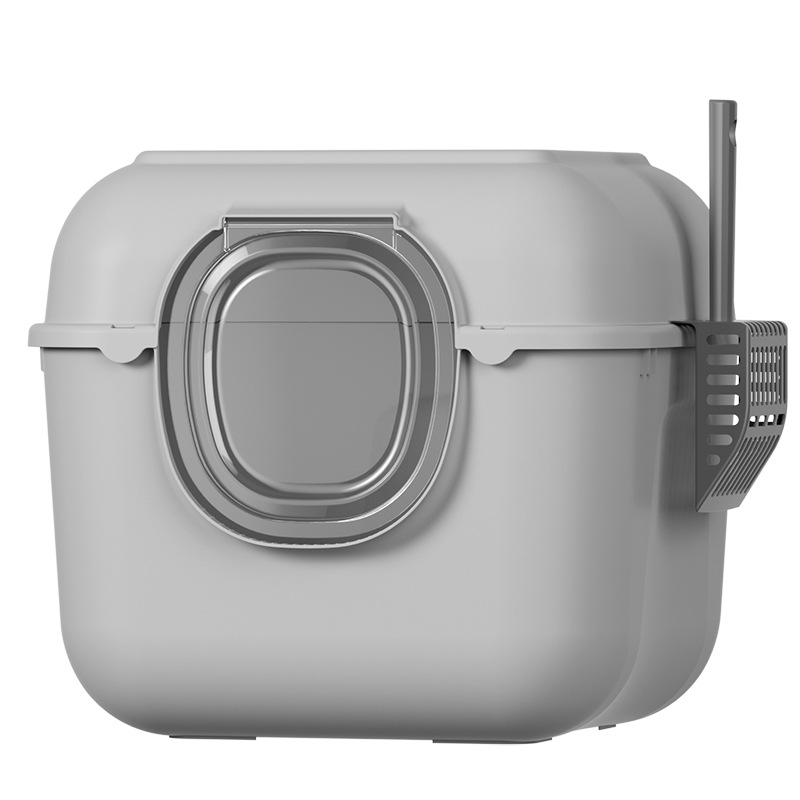Cream and Brown Hooded Cat Litter Box with Top Sifting Opening and Front Entry Door