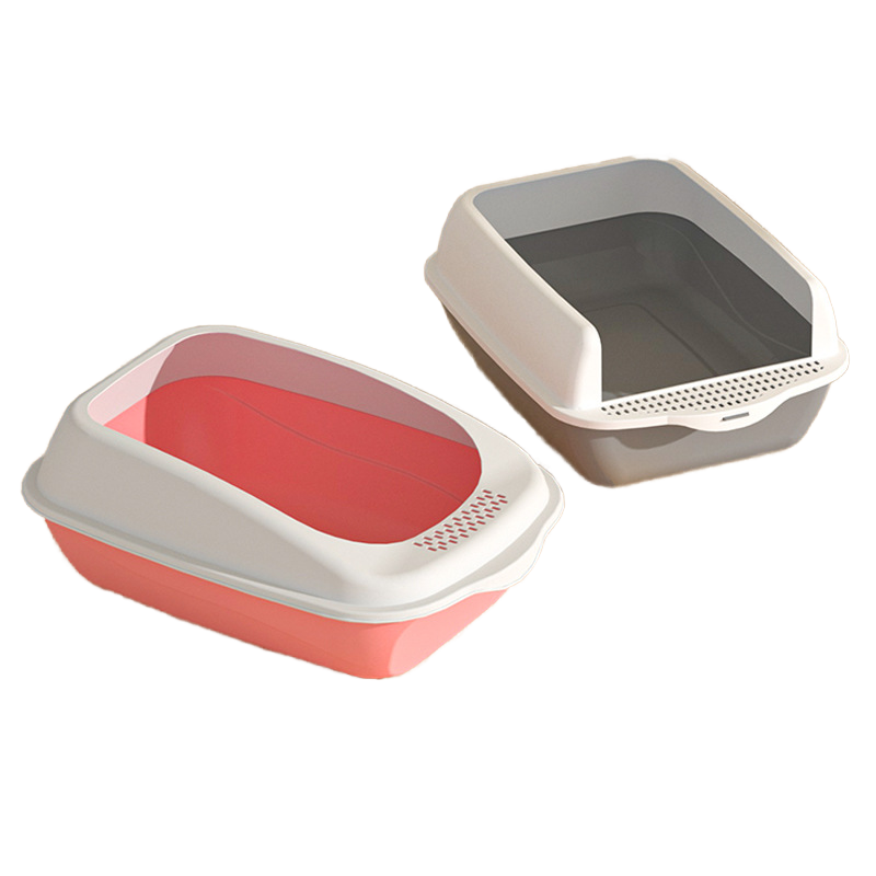 Silver High-Sided Cat Litter Box with Low Front Entry and Removable Step Grid, Open Cat Toilet Pan