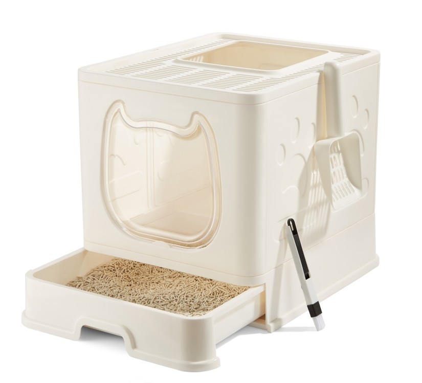 Dark Green Sifting Cat Litter Box with Cleaning Scoop and Perforated Front Platform