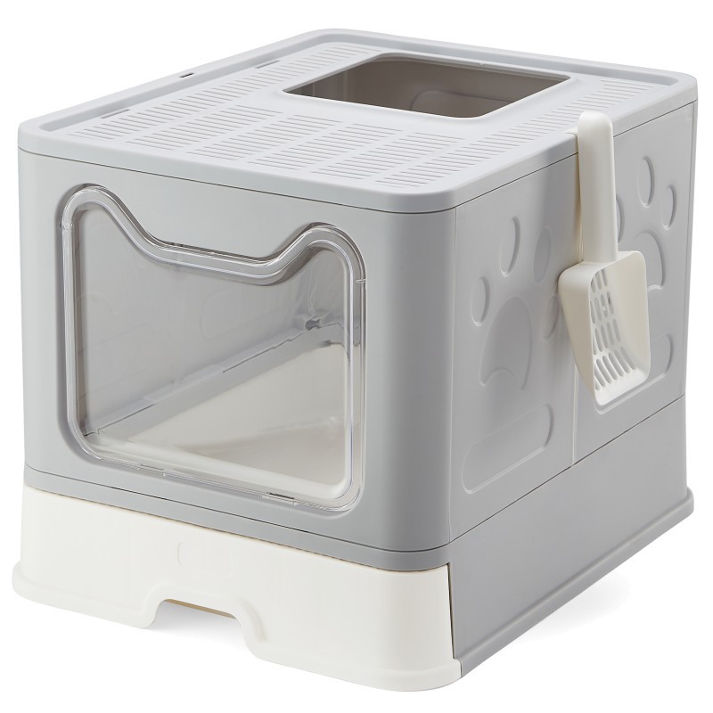 Cream Covered Cat Litter Box with Brown Front Door, Top Sifting Lid and Side Scoop