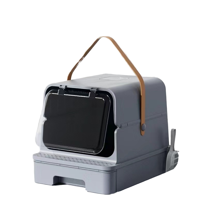 Modern Gray Enclosed Cat Litter Box with Pull-Out Cleaning Drawer, Front Door and Side Scoop