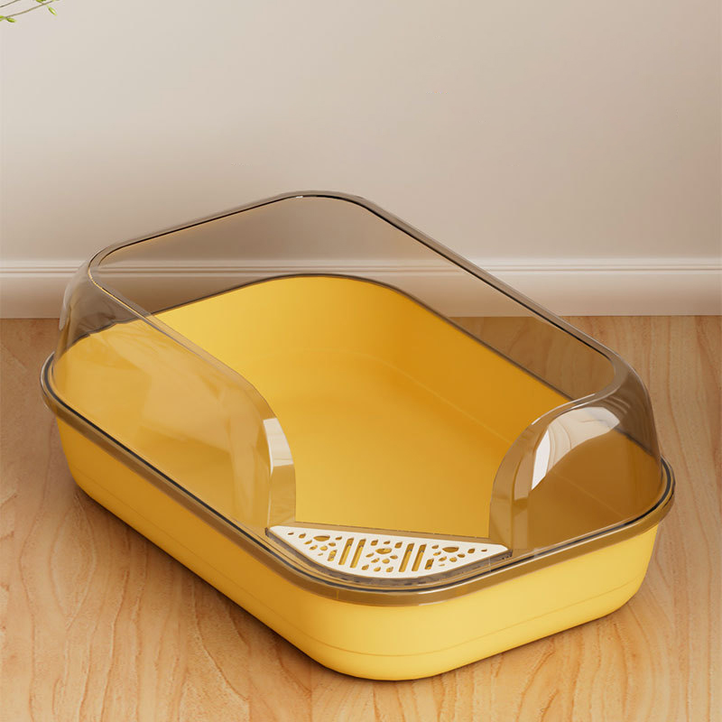 Blue Rectangle Cat Litter Tray with Yellow Raised Border, Lightweight Open Kitty Toilet Pan