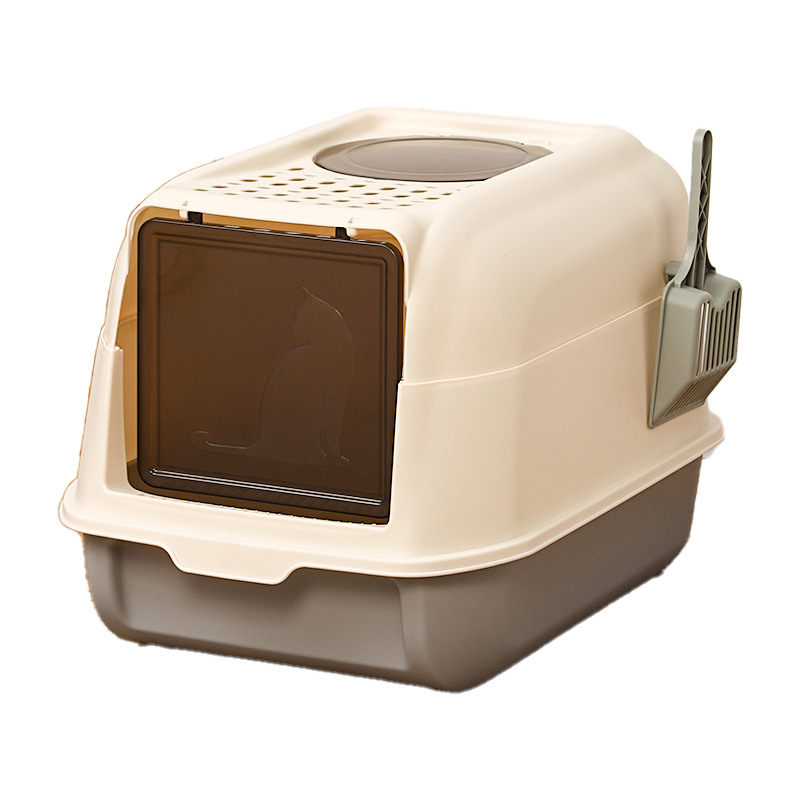 White Enclosed Cat Litter Box with Top Sifting Panel and Front Window, Covered Kitty Toilet