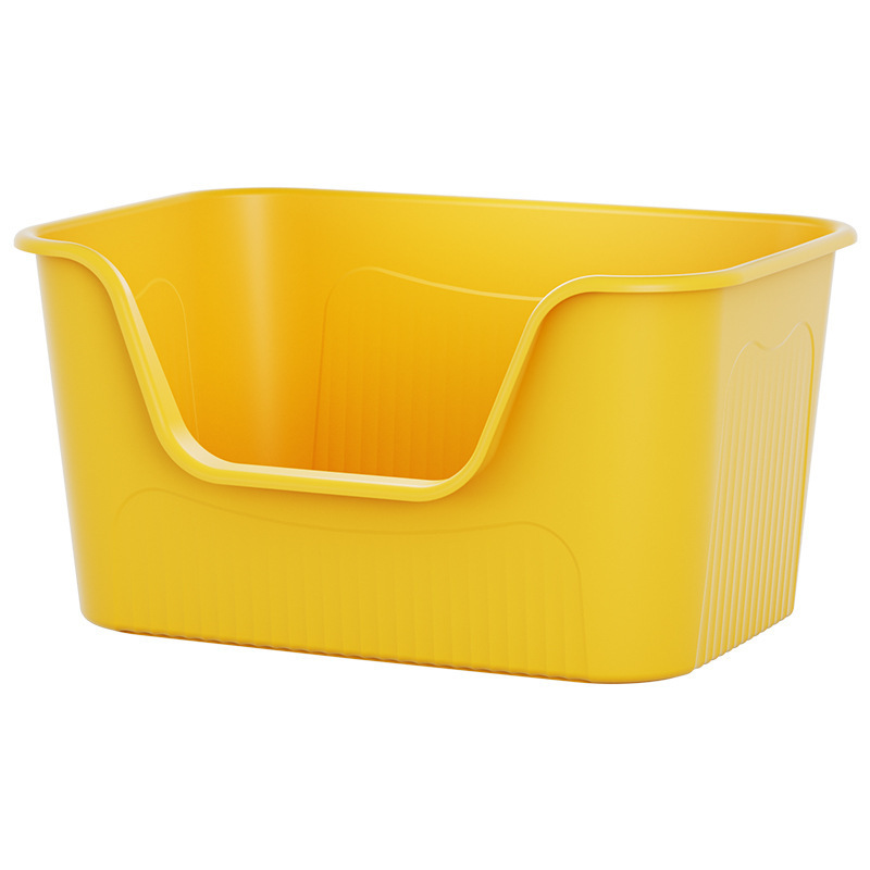 Bright yellow cat litter box with raised walls, spacious interior and easy clean design