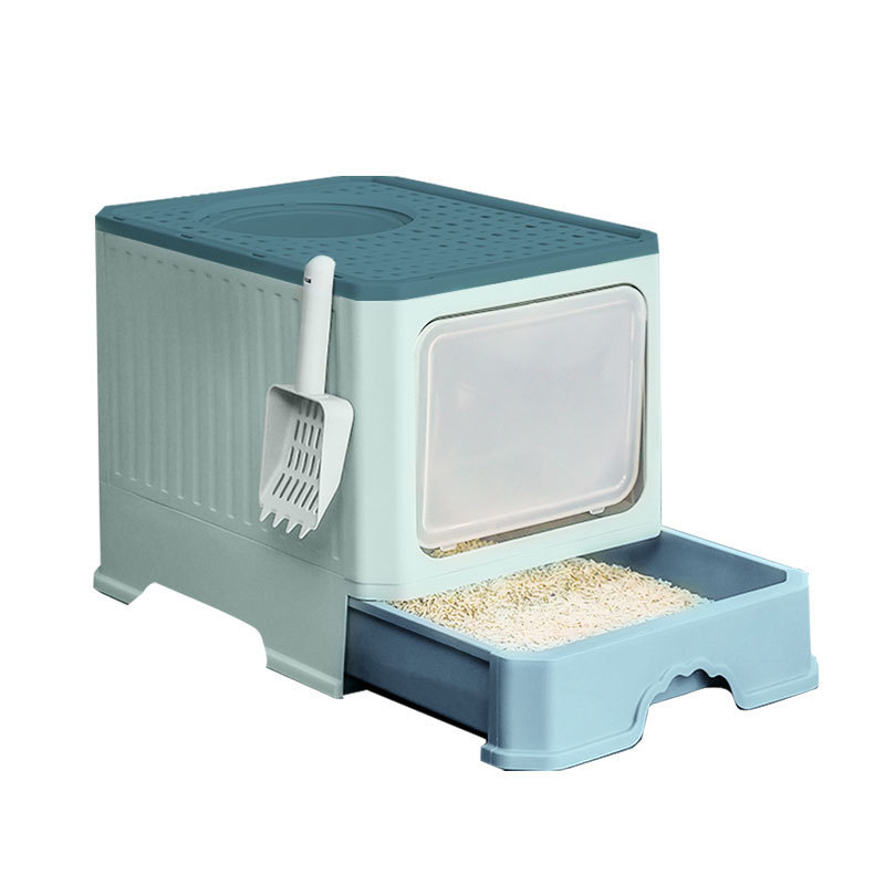 Blue-grey enclosed litter box with front pull-out tray
